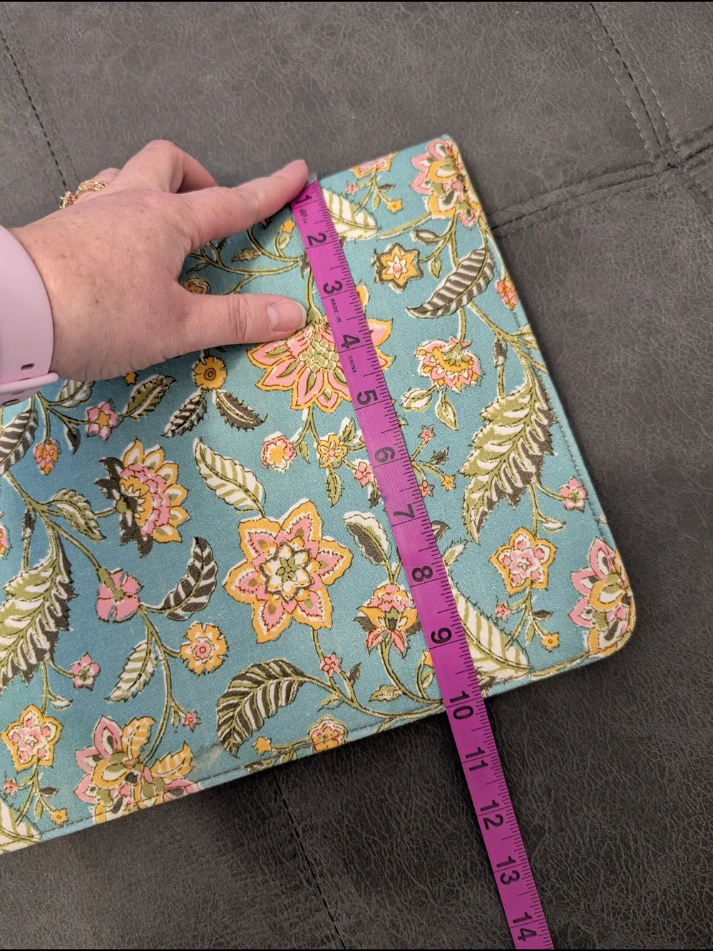 Floral Turquoise Canvas Tablet Case with Brown Trim